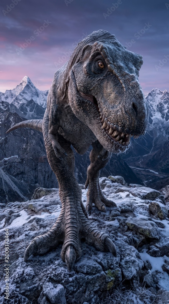 Fototapeta premium Tyrannosaurus Rex in a snowy mountain landscape