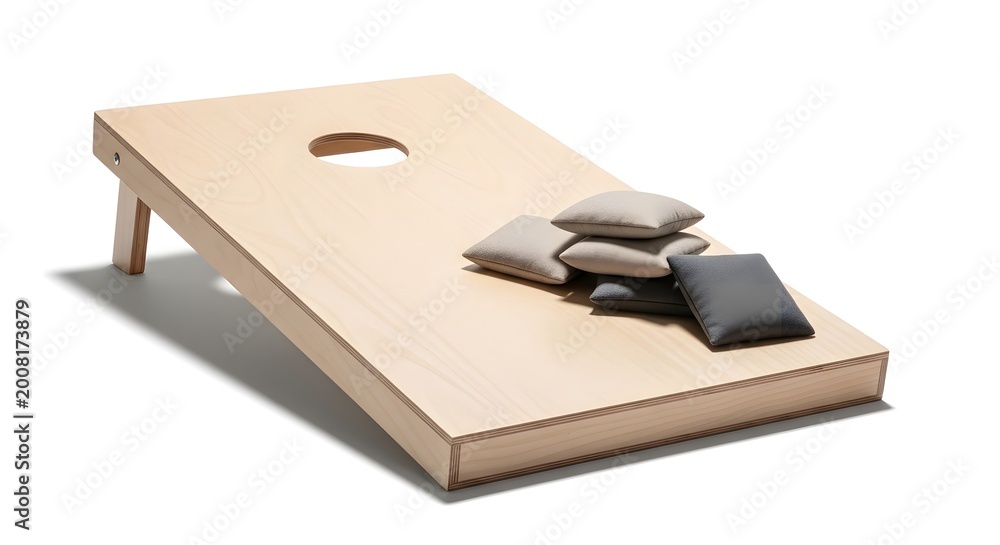 Obraz premium Cornhole board angled view with stacked bean bags isolated clean product shot