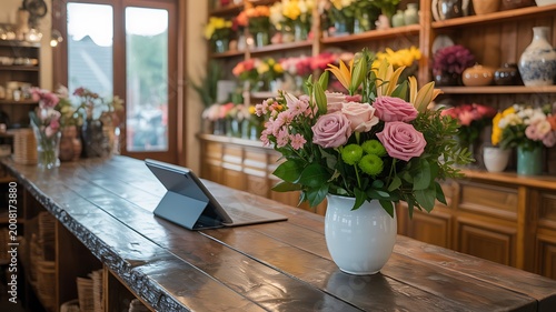 Fresh flower bouquet in vase on wooden counter inside cozy flower shop with colorful blooms and natural light