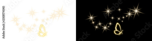 Golden butterfly with magic sparkles, glowing stardust trail on transparent background, elegant gold glitter butterfly for luxury invitation design