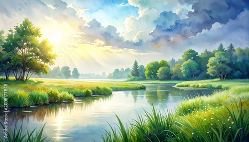 雨上がりの水辺と草地の風景イラスト