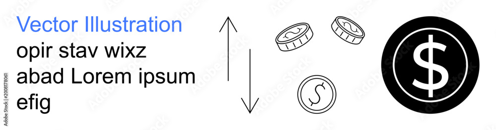 Obraz premium Economics, finance, currency exchange, investment, monetary policy trade. Coins and dollar symbol with arrows. Economics and finance concept. Line metaphor. Simple line icons