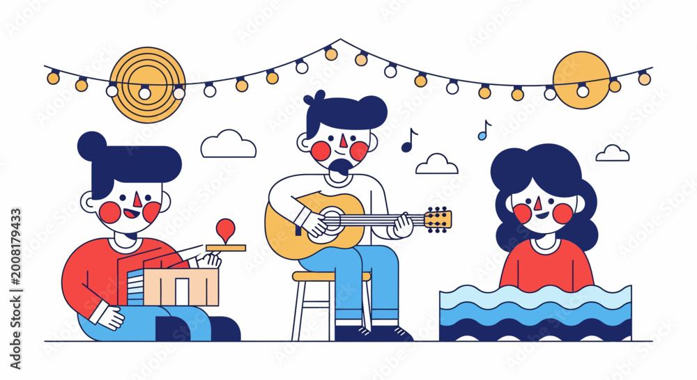 Fototapeta premium Small band plays guitar and sings songs at a live music show event for fun