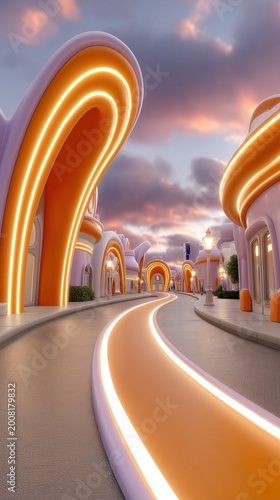 Bright paths lead through colorful buildings at sunset