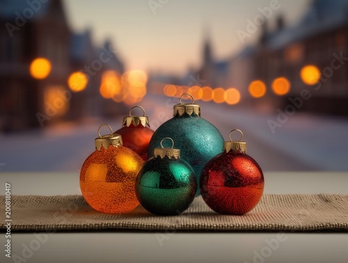 Colorful ornaments on a table during winter evening sunset
