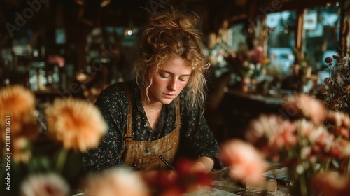 Young woman works on art project in cozy flower shop