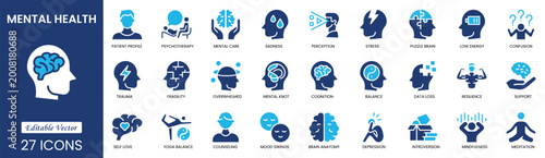 Mental health icon set. Collection of meditation, stress management, anxiety, psychosis, depression and more. Solid icons vector collection. Vector illustration.