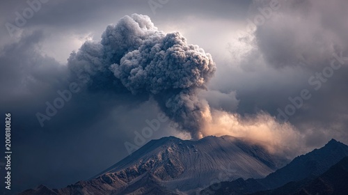 expelled. A distant volcano erupting, plume of dark smoke and ash in a grey sky. ESG reports, sustainability campaigns, designed for environmental awareness campaigns, used by sports marketers.
