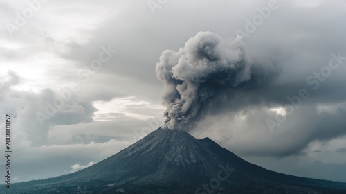expelled. A distant volcano erupting, plume of dark smoke and ash in a grey sky. ESG reports, sustainability campaigns, designed for environmental awareness campaigns, used by sports marketers.