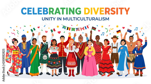 People from diverse cultures celebrating unity and multiculturalism together outdoors