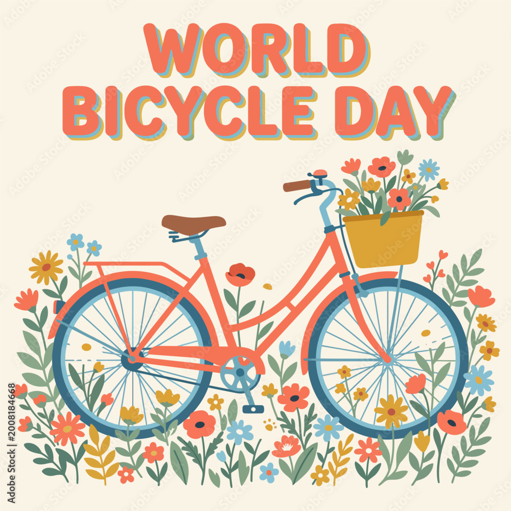 Fototapeta premium World Bicycle Day colorful illustration of bike with flowers