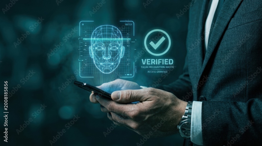 Obraz premium Hands interact with a holographic display showing a cybersecurity shield with facial recognition and an access granted alert.