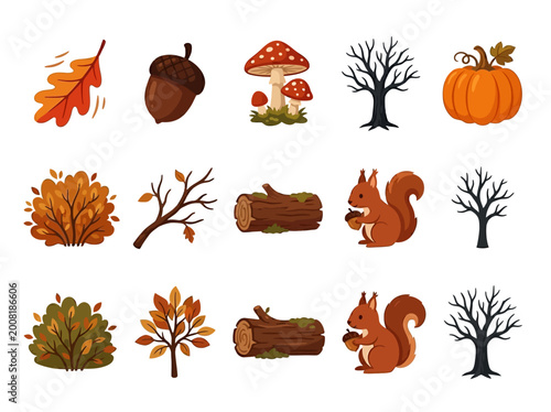 Fotografie Collection of autumn-themed illustrations featuring flora and fauna, including p