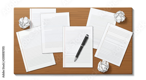 Wooden Desk with Lined Paper, Pen, and Crumpled Paper Balls