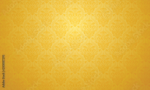 Elegant seamless golden damask pattern background with ornate floral motifs.