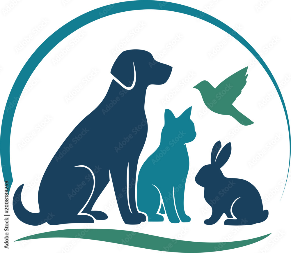 Obraz premium Stylized illustration of a dog, cat, rabbit and bird in green and blue