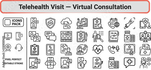 Photos Telehealth and Virtual Consultation outline icon set