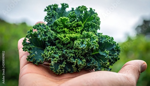 Hand Holding Fresh Kale Leaves Outdoors.