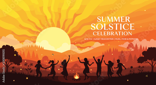Fotografie Silhouettes of people dancing around a bonfire during a vibrant summer solstice celebration at sunset with a large sun and forested hills