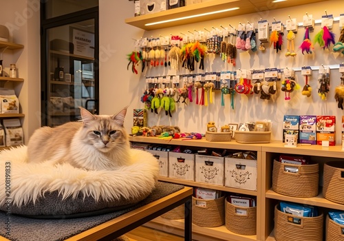 Persian Cat Resting Comfortably on Bed Surrounded by Pet Accessories in Shop