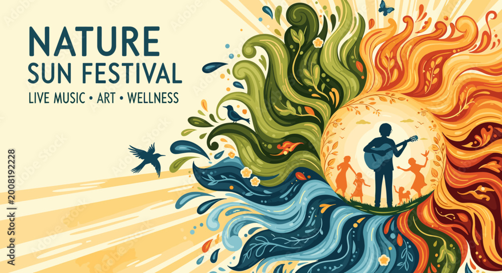 Fototapeta premium Nature Sun Festival: Live Music, Art, and Wellness Celebration with a Vibrant Sun Motif.