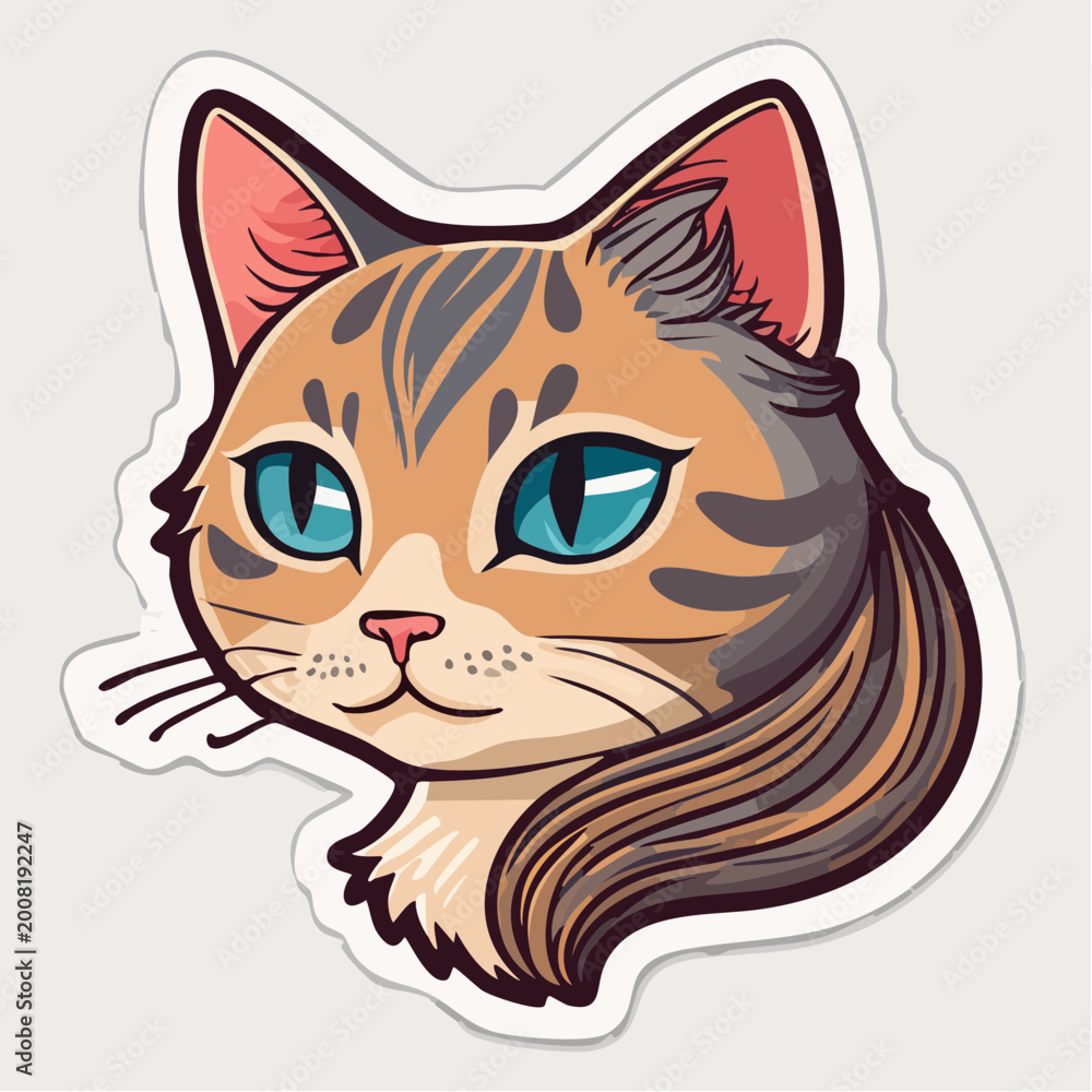 Obraz premium Cute Cartoon Cat Sticker with Blue Eyes