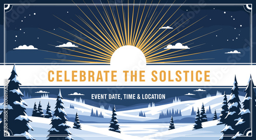 Photos Celebrate the Solstice: A Winter Landscape Illustration with a Radiant Sun and Snow-Covered Trees