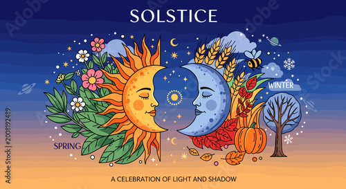 Canvastavla A vibrant illustration depicting the duality of the solstice, showcasing the sun and moon facing each other, symbolizing the balance between light and shadow across different seasons