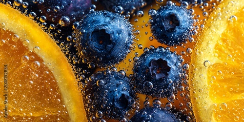 blue and yellow macro abstract with water droplets and fruit texture bubbles splash pattern