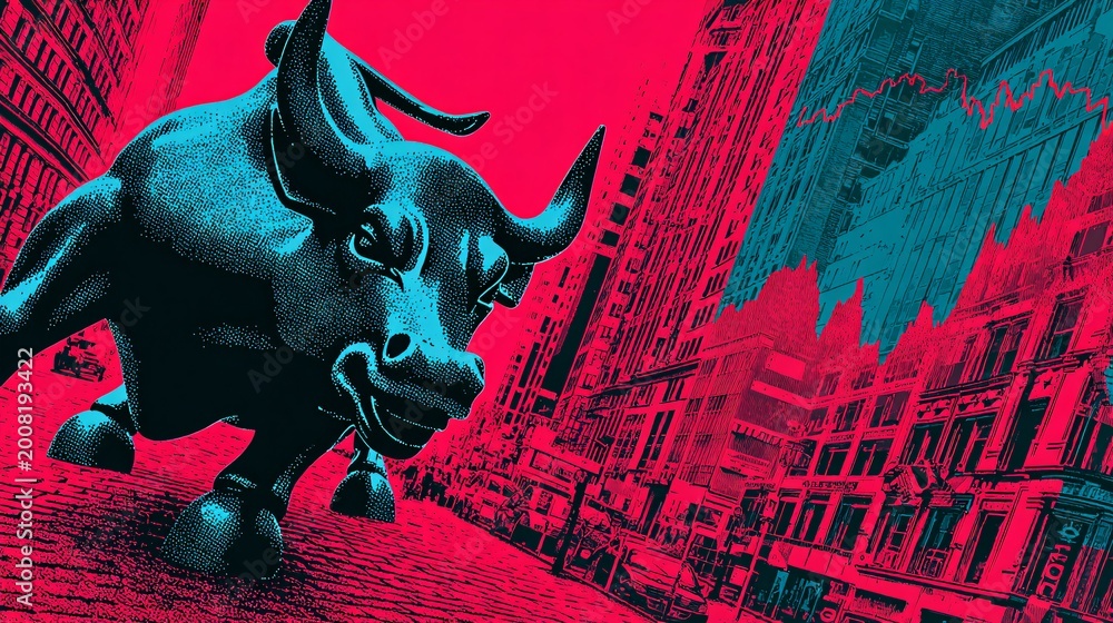 Obraz premium abstract bull and city buildings street scene with neon pop art vibes