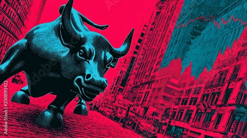 abstract bull and city buildings street scene with neon pop art vibes