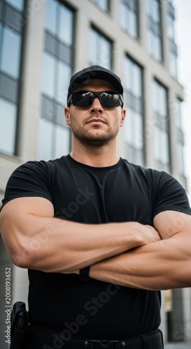 A confident security guard in sunglasses and a cap stands with arms crossed in front of a modern office building, projecting authority.