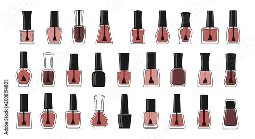 Collection of twenty seven different nail polish bottles in various red and brown shades for beauty salon and cosmetics catalog design.