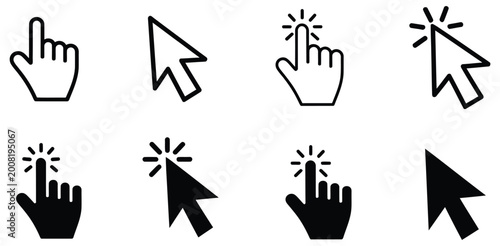 Fotografie Hand and arrow cursor icons showing click, hover, and pointer states in clean user interface vector illustration design