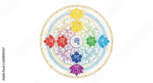 Quadro em tela Vibrant circular mandala art featuring seven colorful lotus flowers representing the chakras, with intricate patterns and spiritual symbolism