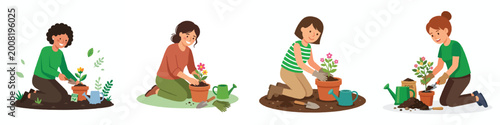 A simple illustration of a person planting a flower in a small pot, flat design, vibrant green and earthy tones, no outline, white background.
