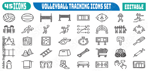 Comprehensive collection of volleyball training icons and sports equipment for athletic development and strategy planning