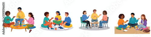 Three students sitting in a circle talking, simple flat design, no outlines, modern bright color block style, plain white background.