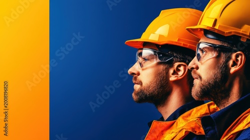 Construction workers safety gear two builders with protective helmets and eyewear engaged in site work