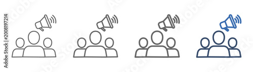 Photos outline icon set advocacy with three people and loudspeaker design