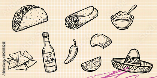 Black ink scribble doodle vector vintage hand drawn set of mexican food taco burrito chili pepper and traditional cuisine