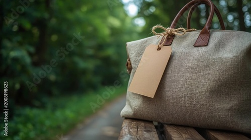 Journey's Companion: A stylish travel bag, complete with a blank tag, rests invitingly against the backdrop of a serene path and lush greenery, hinting at adventure and exploration.