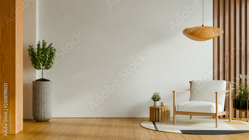 Canvastavla Minimalist interior living space mockup with white armchair wooden slats and pot