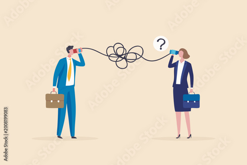 Photos business people with tangled string telephone communication difficulties