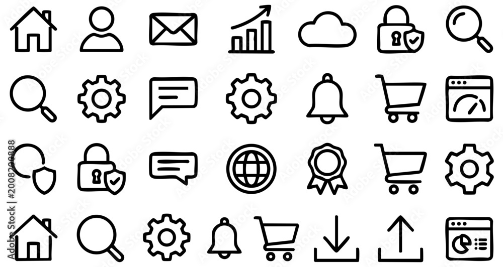 Fototapeta premium Simple hand drawn doodle style vector icons collection for modern web interface design projects featuring various essential navigation interface elements