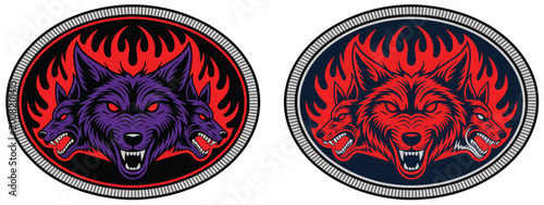 Obraz na plátně Wolf Label belt buckle with three wolf heads blazing fire flames western cowboy