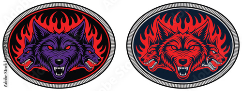 Bild auf Leinwand Wolf Label belt buckle three wolves heads fire flames wild west cowboy style tag