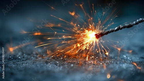 Burning fuse emits bright orange sparks against a dark, cool background