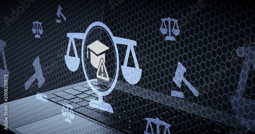 Schilderij op canvas Digital law and education warning concept with legal scales and academic mortarb