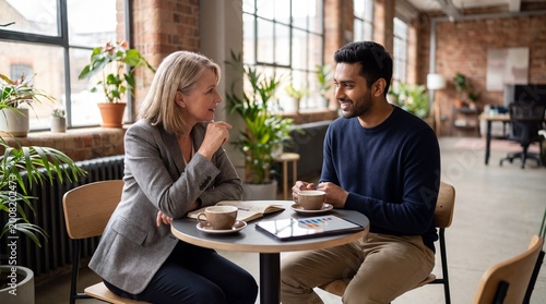 Two colleagues discussing work over coffee